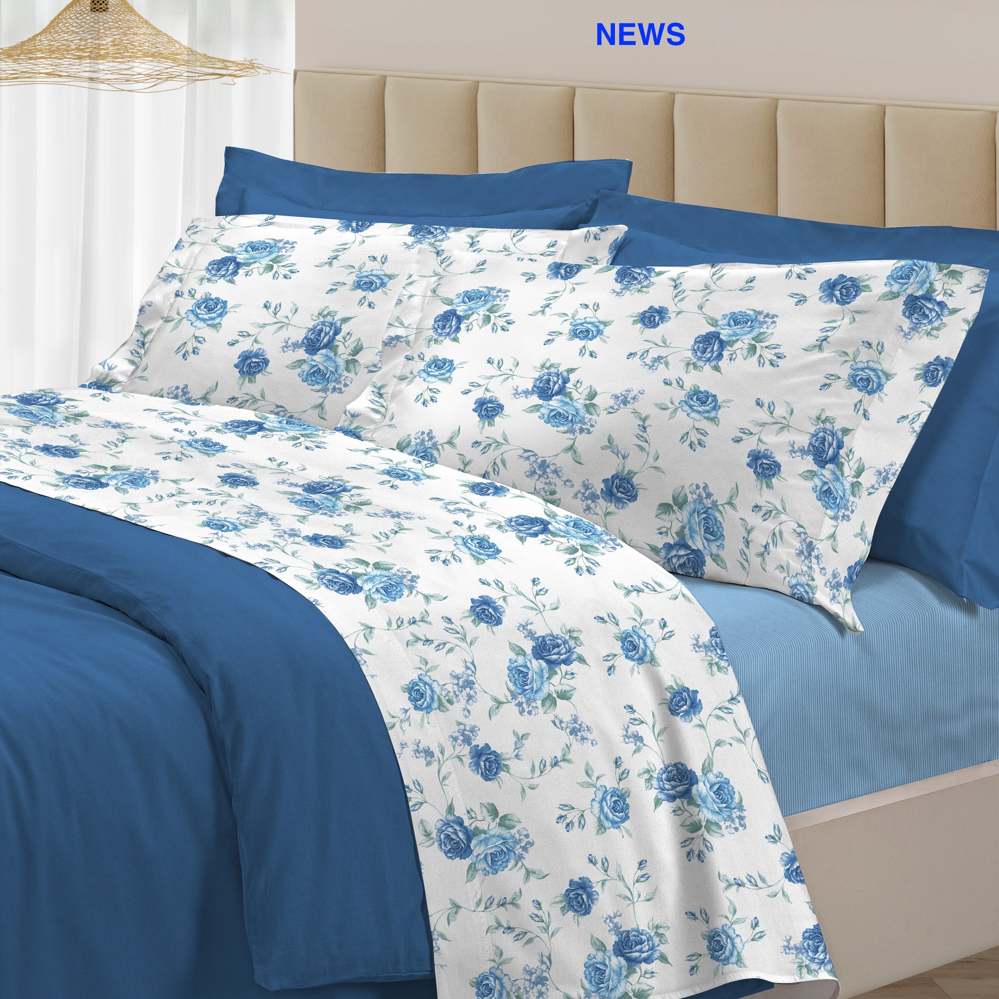 Completo Letto Matrimoniale SANDERSON 30VENTISETTE PERCALLE 100% Cotone BLU